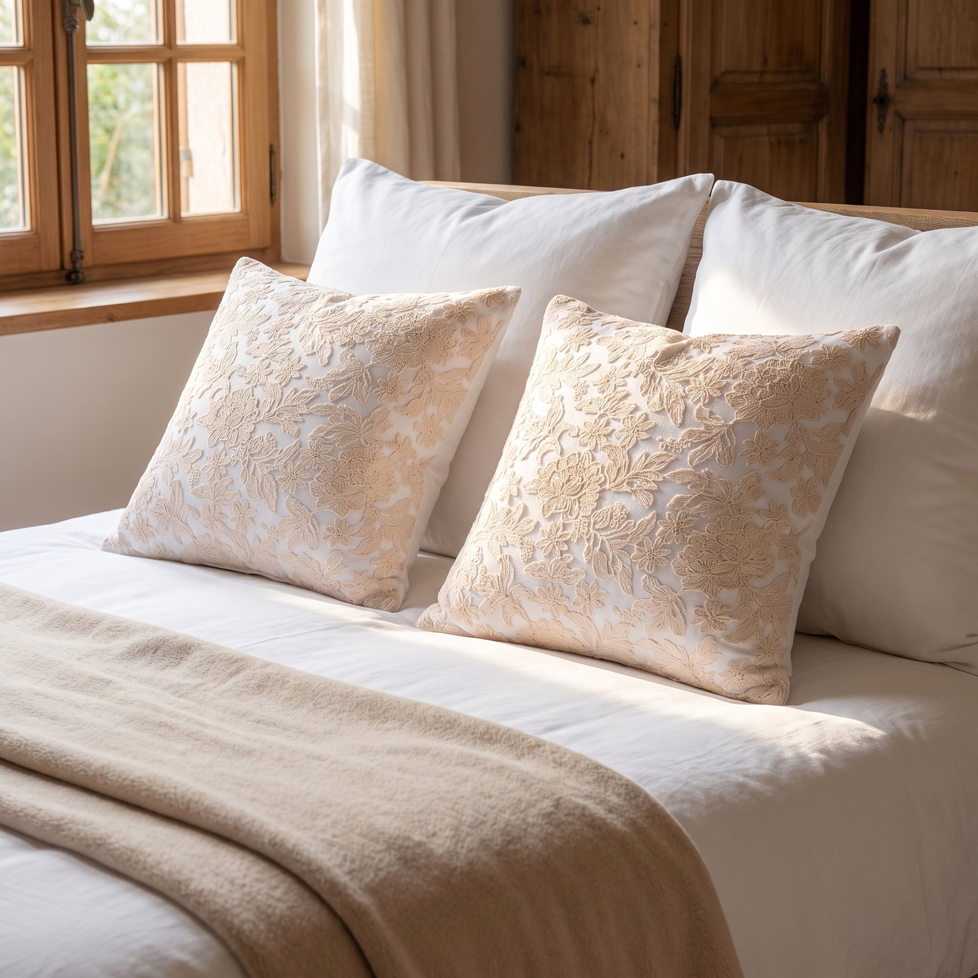 Unique Bargains Elegant Vintage Floral Throw Pom-Pom Pillow Covers Beige 18" x 18"