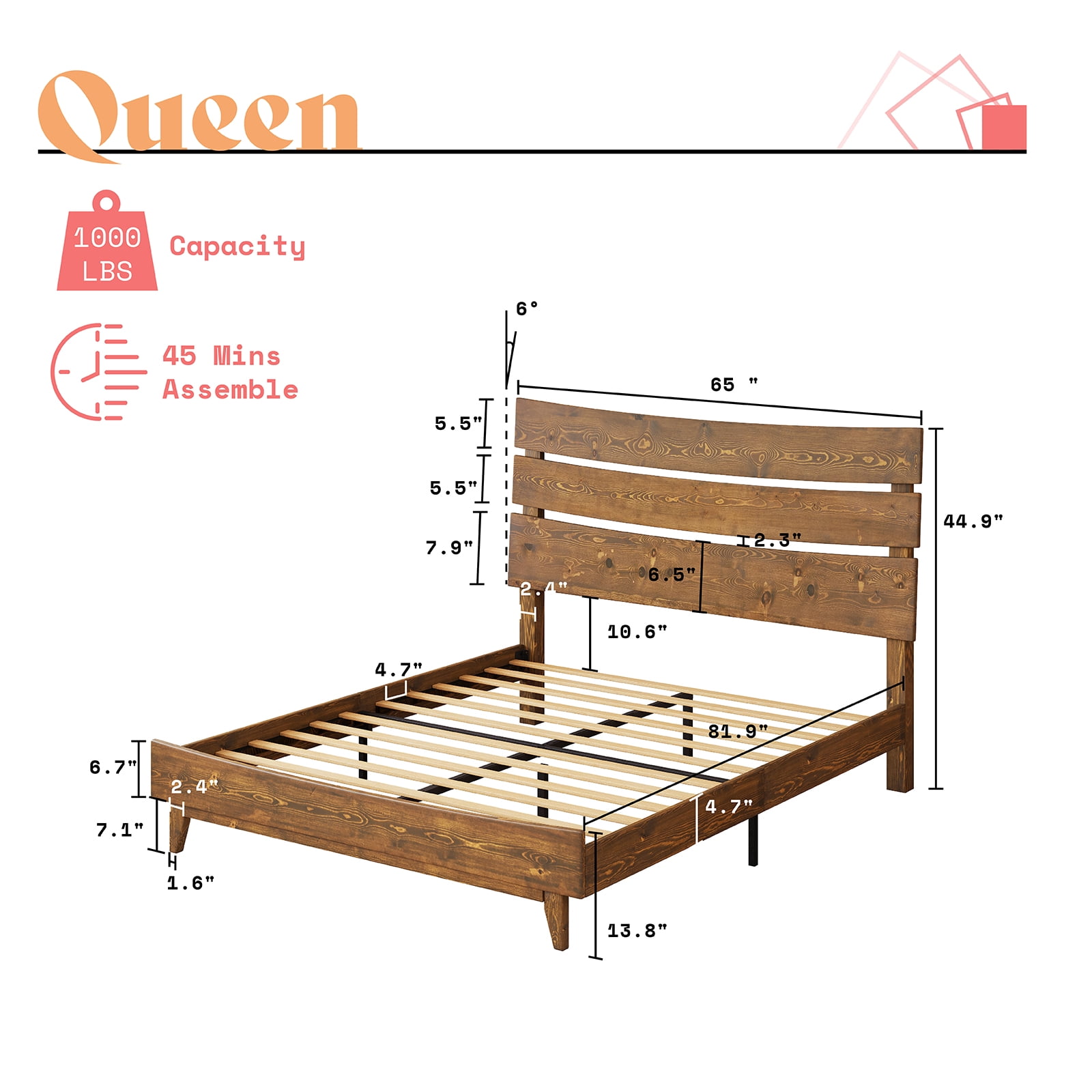 VanAcc Queen Size Solid Wood Bed Frame Platform with Wooden Headboard, Caramel