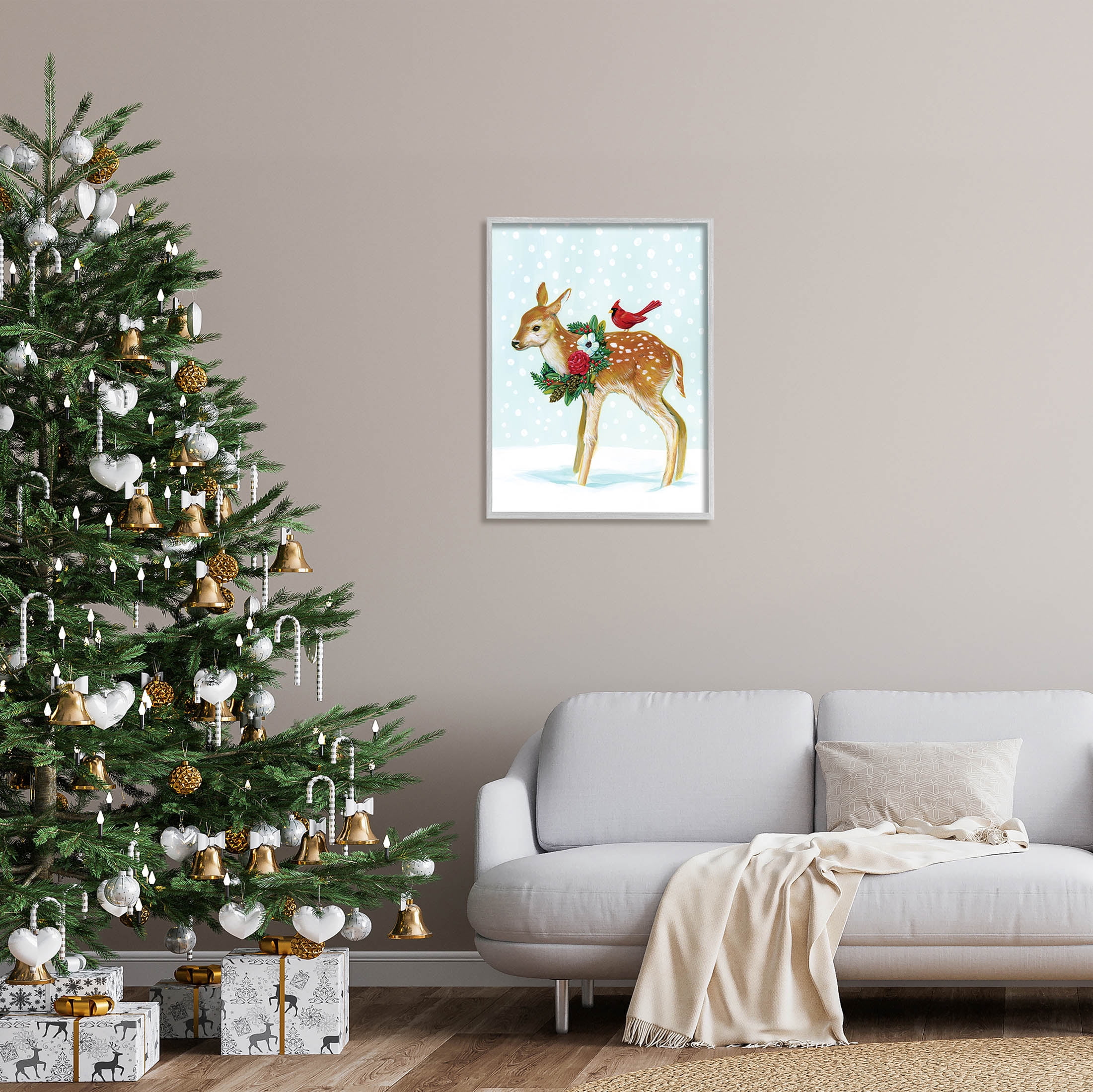 Stupell Industries Snowy Deer Holiday Cardinal Graphic Art Gray Framed Art Print Wall Art, Design by Laura Marr