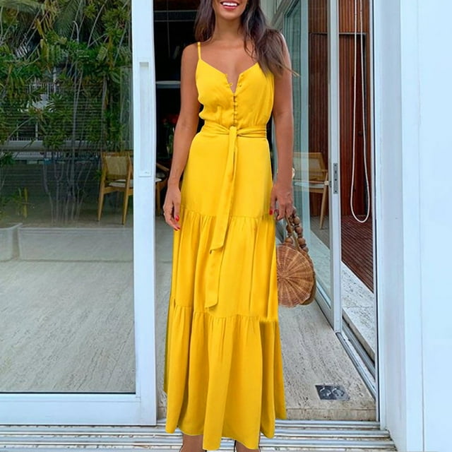 Drppepioner Robes Femmes Été Mode Femmes Été Bohème Robe Mi-Longue à Bretelles Jaune 10(TG)