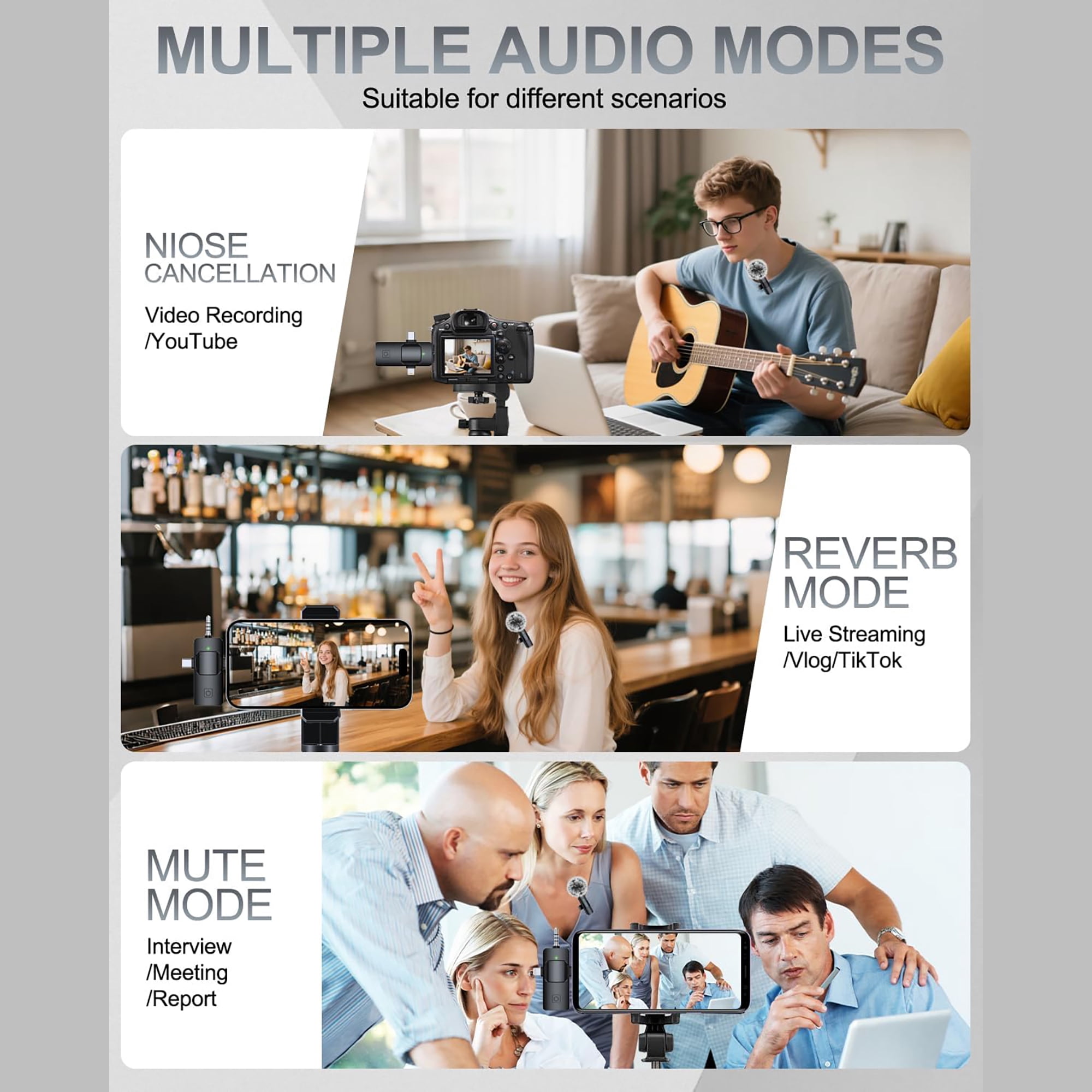 3-in-1 Wireless Lavalier Microphone Compatible for iPhone, Android, PC & Camera, Plug & Play Clip-on Mic with Clear Sound for Gaming, Live Streaming,Youtube,Tiktok & Recording