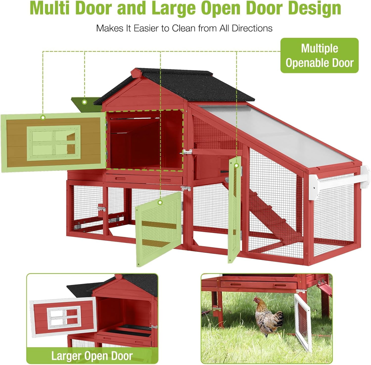 MEDEHOO Chicken Coop Mobile Chicken House On Wheel Outdoor Rabbit Hutch for 2-4 Chickens 67"(Red)