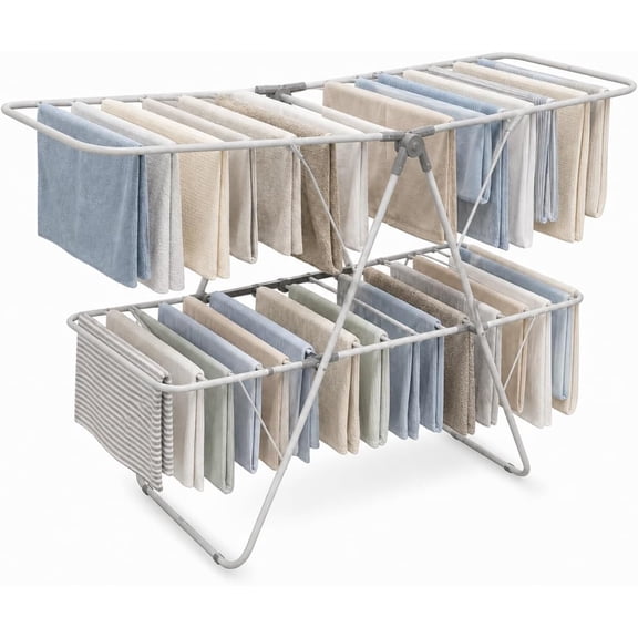 Brookstone 2 Tier Folding Rack - Indoor/Outdoor Collapsible Clothes Dryer Stand Laundry or Shoe Rack, Heavy Duty Freestanding Garment Hanger, Foldable, Clothing Drying Rack, White