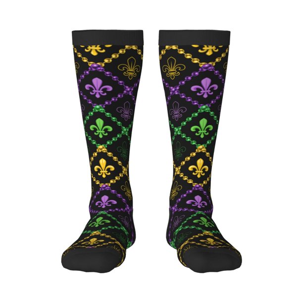 Fotbe Mardi Gra Geometric Calcetas Divertidas Estampadas para Hombre y Mujer, Calcetas de Algodón hasta la Rodilla para Caminar, Correr, Enfermería y Embarazo