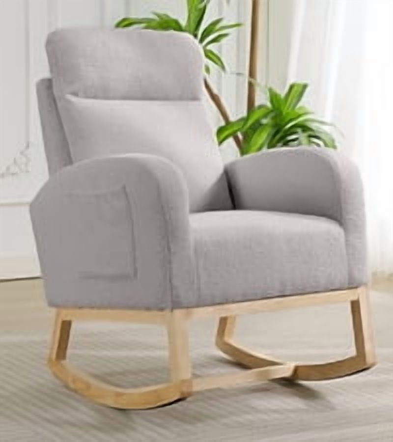 Nursery Rocking Chair with High Backrest and Side Pocket, 300lb Glider Chair with Solid Wood Legs&Two Side Pockets, Glider Accent Armchair with Rubber Wood Legs for Living Room, Bedroom, or Nursery