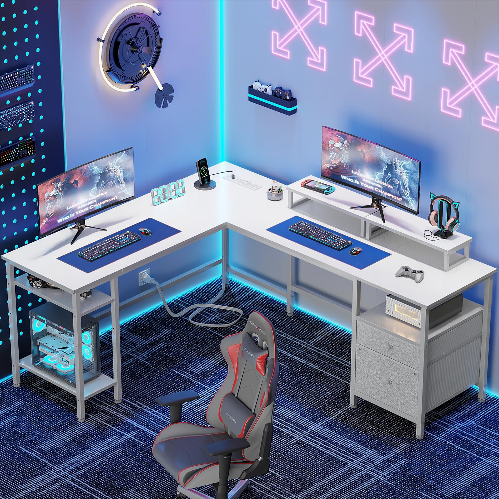 Furologee White 59” L Shaped Desk with Power Outlet, Reversible Computer Desk with File Drawer & 2 Monitor Stands, Corner Home Office Table with Storage Shelves for Gaming Writing
