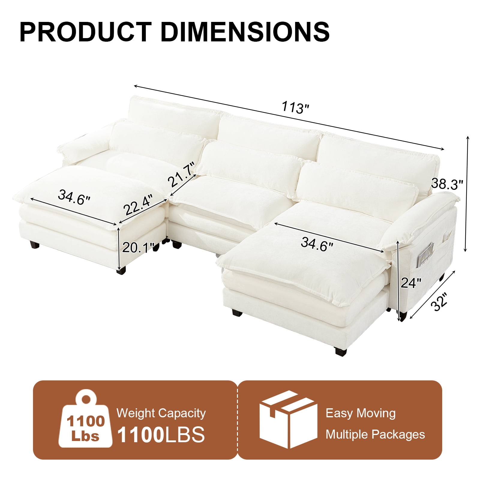 EPOWP 113'' Modular Sectional Sofa,U Shaped Couch with Movable Ottoman, Convertible Sectional Couches with Deep Seat, 3 Seat for Living Room Comfy Cloud Sofa with USB Side Pockets & Charging(Beige)