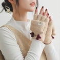 thumbnail image 4 of Girls Fingerless Gloves Keep Warm Cartoon Pattern Thickened Flip Top Gloves for Winter Beige, 4 of 5