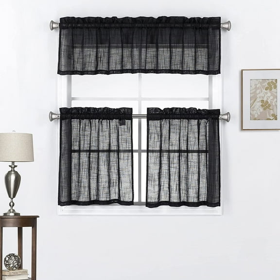 3 Piece Linen Textured Rod Pocket Top Kitchen Curtain Tiers and Valance Set for Small Windows 24 Inch Long, Black