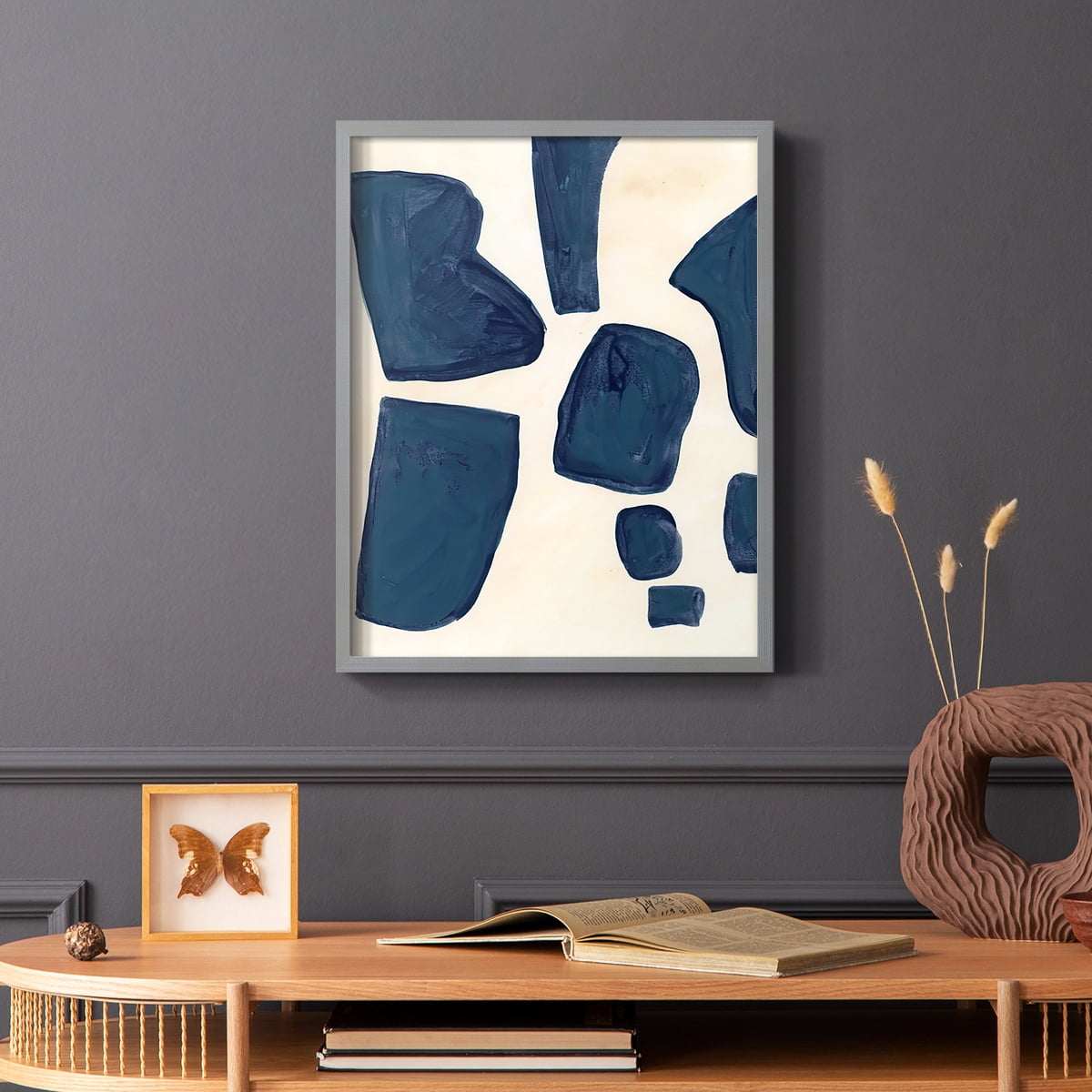Blue Pieces I Framed Print in Gray Solid Wood Framed Print No Nail Hanging