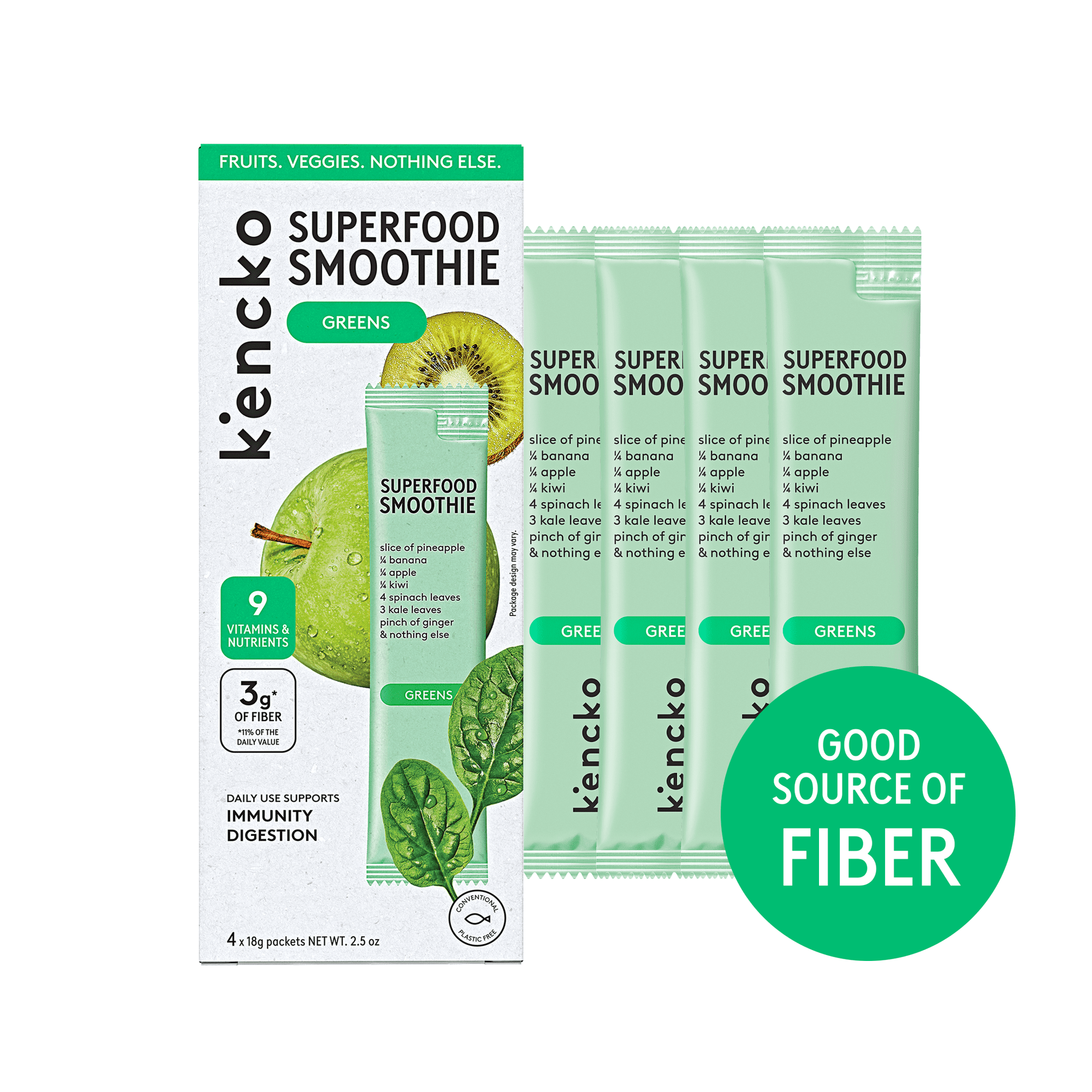 Kencko Greens Instant Superfood Fruit & Veggie Smoothies, .63 oz, 4 Pack