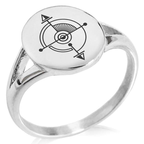 Tioneer Stainless Steel Sacred Geometric Compass Minimalist Oval Top Polished Statement Signet Ring