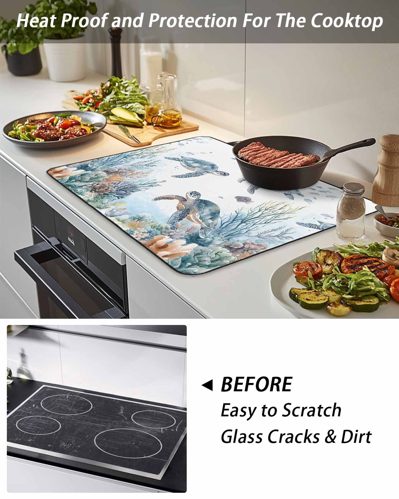 Stove Top Covers for Electric Stove, Sea Turtle Coastal Glass Stovetop Cover Protector, Summer Beach Coral Ocean Blue Nautical Induction Cooktop Protector Oven Mat for Kitchen Countertop 24"x21"