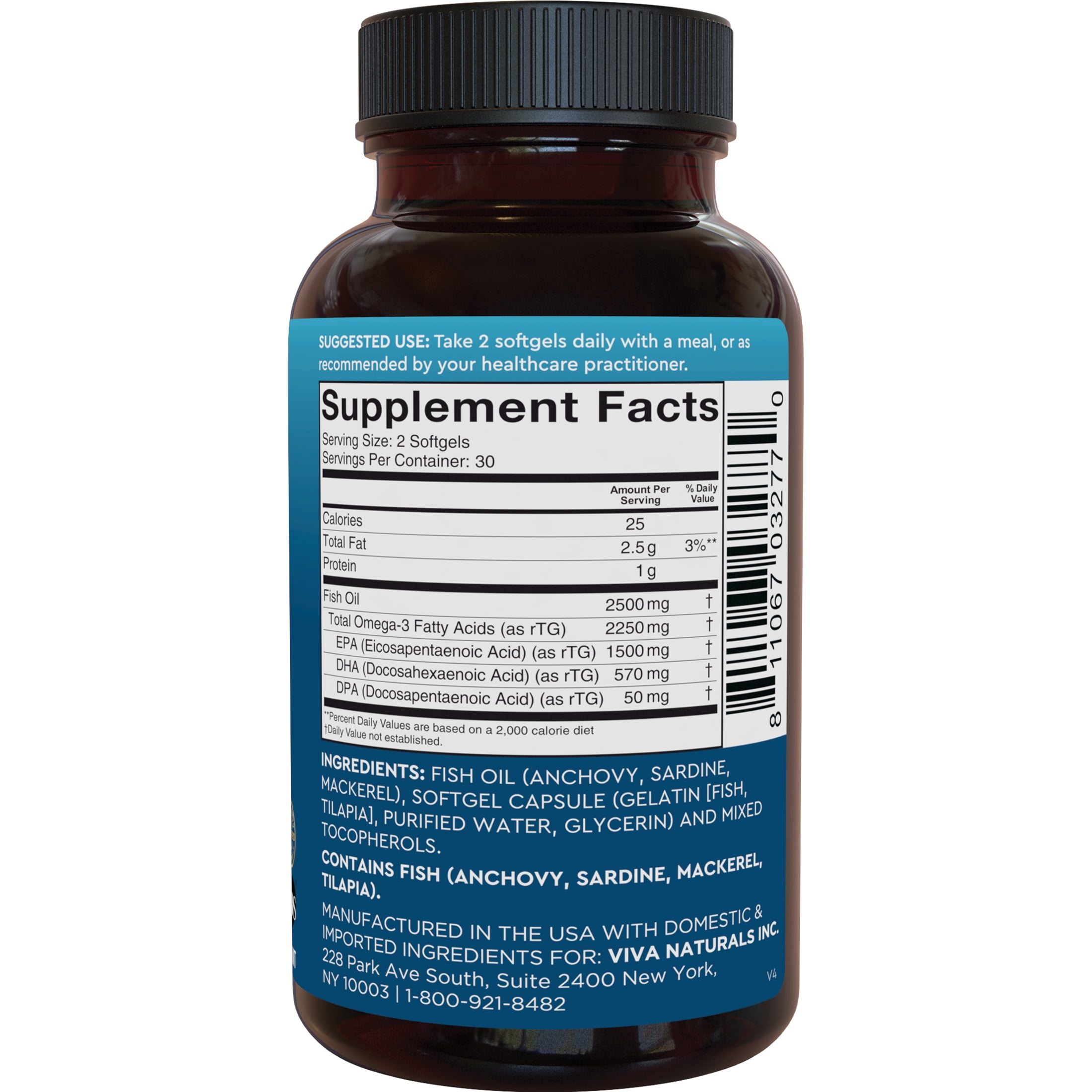 Viva Naturals Triple-Strength Omega 3 Fish Oil Supplement, 2500 mg, 60 Pescatarian-Friendly Softgels