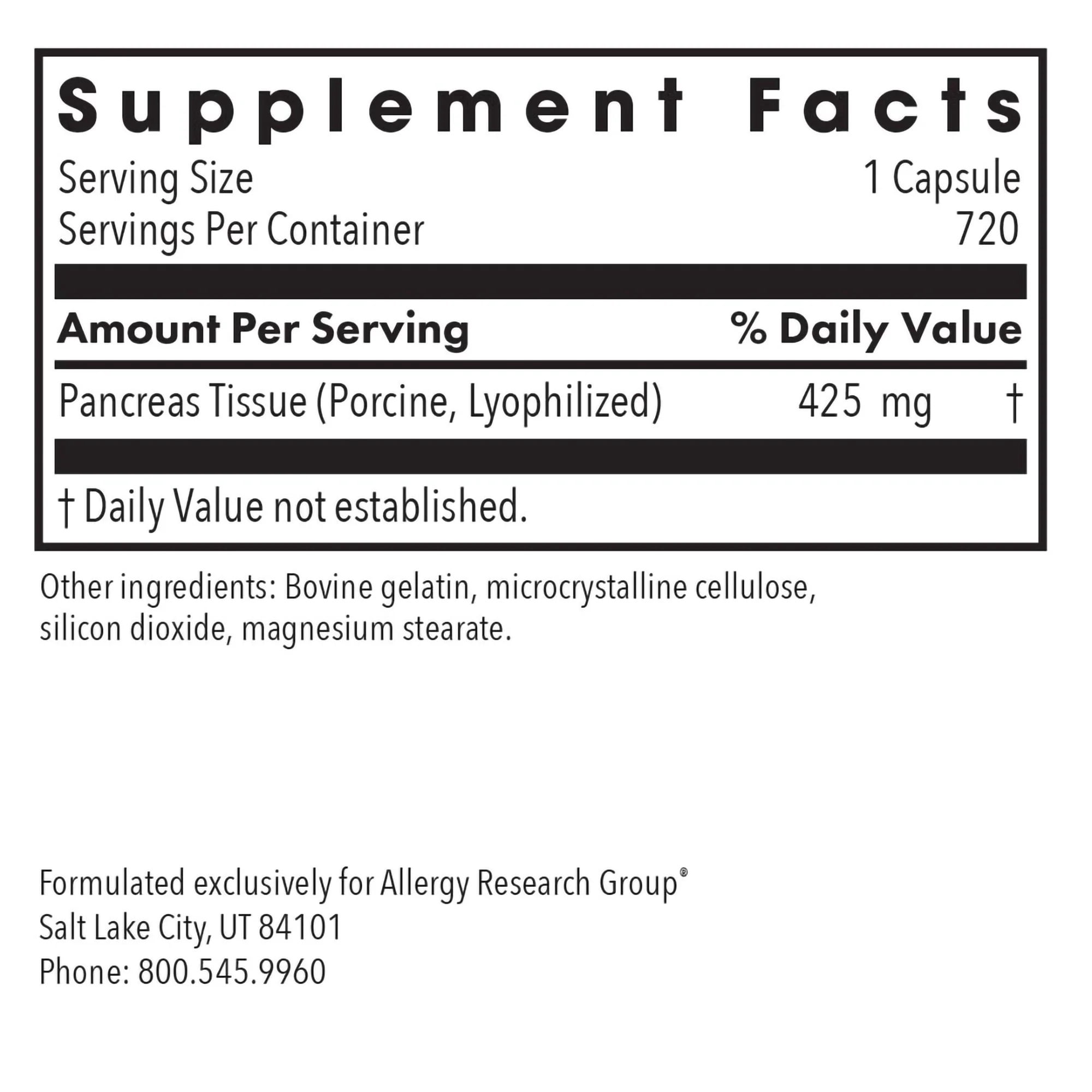 ARG Pancreas Natural Glandular - Supports Healthy Pancreas, Immune & Digestive Activity - 425 mg per Serving - Freeze Dried Tissue from Pork - 720 Servings - 720 Capsules