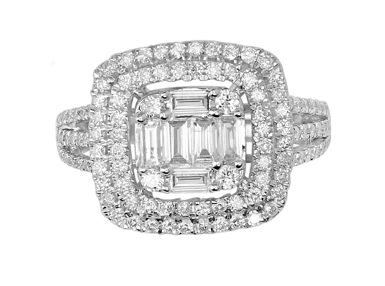 925 Sterling Silver 1.21 Ct Baguette Round Natural Diamond Halo Engagement Ring 