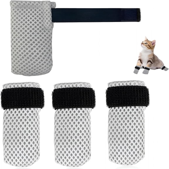 AUQ Cat Mittens to Prevent Scratching,Mesh Breathable Cat Shoes Booties,Adjustable Cats Anti Scratch Gloves,Suitable for Cats When Bathing and Nail Trimming(4 Pcs)