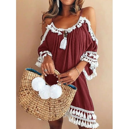 Summer Tassel - Maraso Women Summer Spaghetti Strap Tassel Cold Shoulder Boho Beach Dress Midi Short Sleeve Dress Dress
