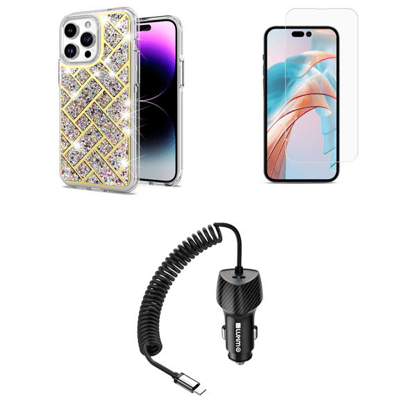 Bemz Bling Case for iPhone 15, Diamond Glitter Sparkle Dual Layer Hybrid Protector Cute Women Girls Cover, Glass Screen Protector, 40W Car Charger (USB-C Port) - 5 Foot (Colorful Gold)