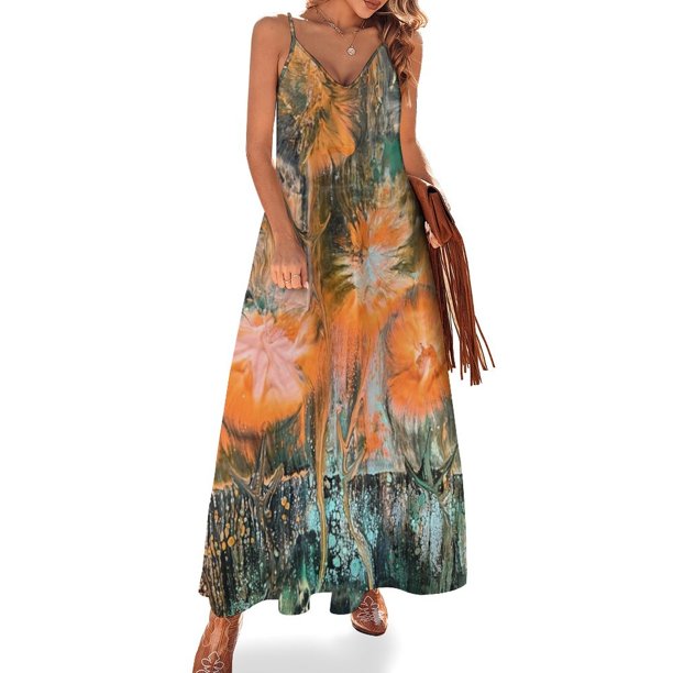 SLB Designs Vestido sin mangas con flores naranjas abstractas Vestidos de verano para mujer Vestidos de fiesta de noche para mujer