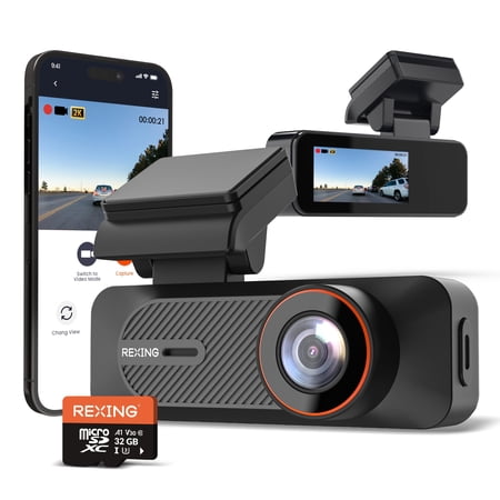 Rexing 2K Single Dash Cam with App Control, WiFi, Front Camera, Loop Recording, Parking Monitor, Vehicle Driving Recorder