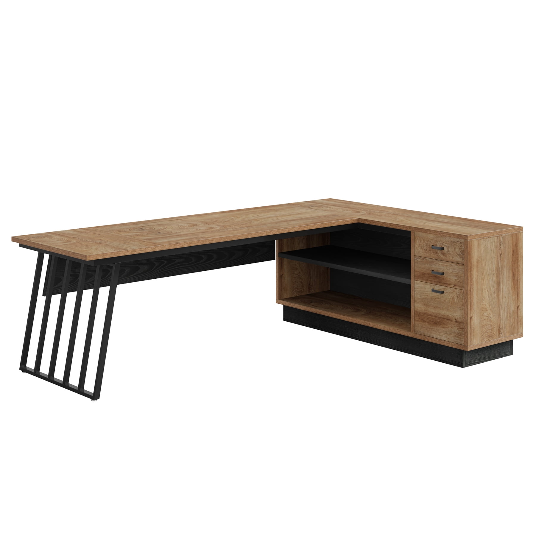Fnova 71" L-Shaped Executive Desk with Storage Drawers and Open Shelves, Industrial Office Desk Writing Desk with File Cabinet, Spacious Corner Computer Desk for Home Office