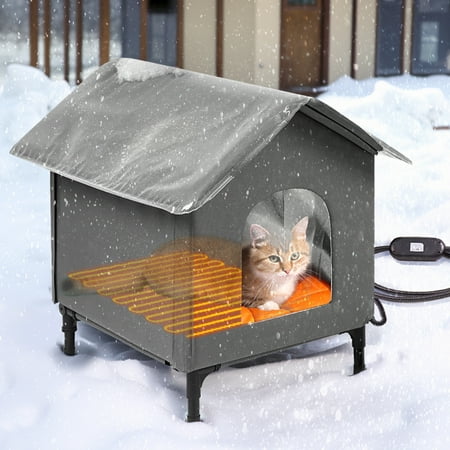 Bestier Heated Cat House for Outdoor Weatherproof Cat Shelter with Heated Pad and Escape Door Insulated Outdoor Cat House Deep Gray Large