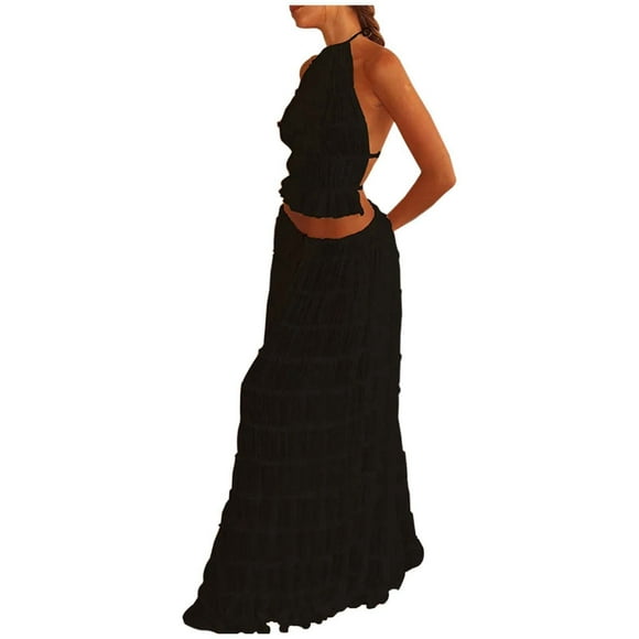 Elegant Chiffon Pleated Maxi Skirt Set With Neck Crop Top And Wooden Bead For Women