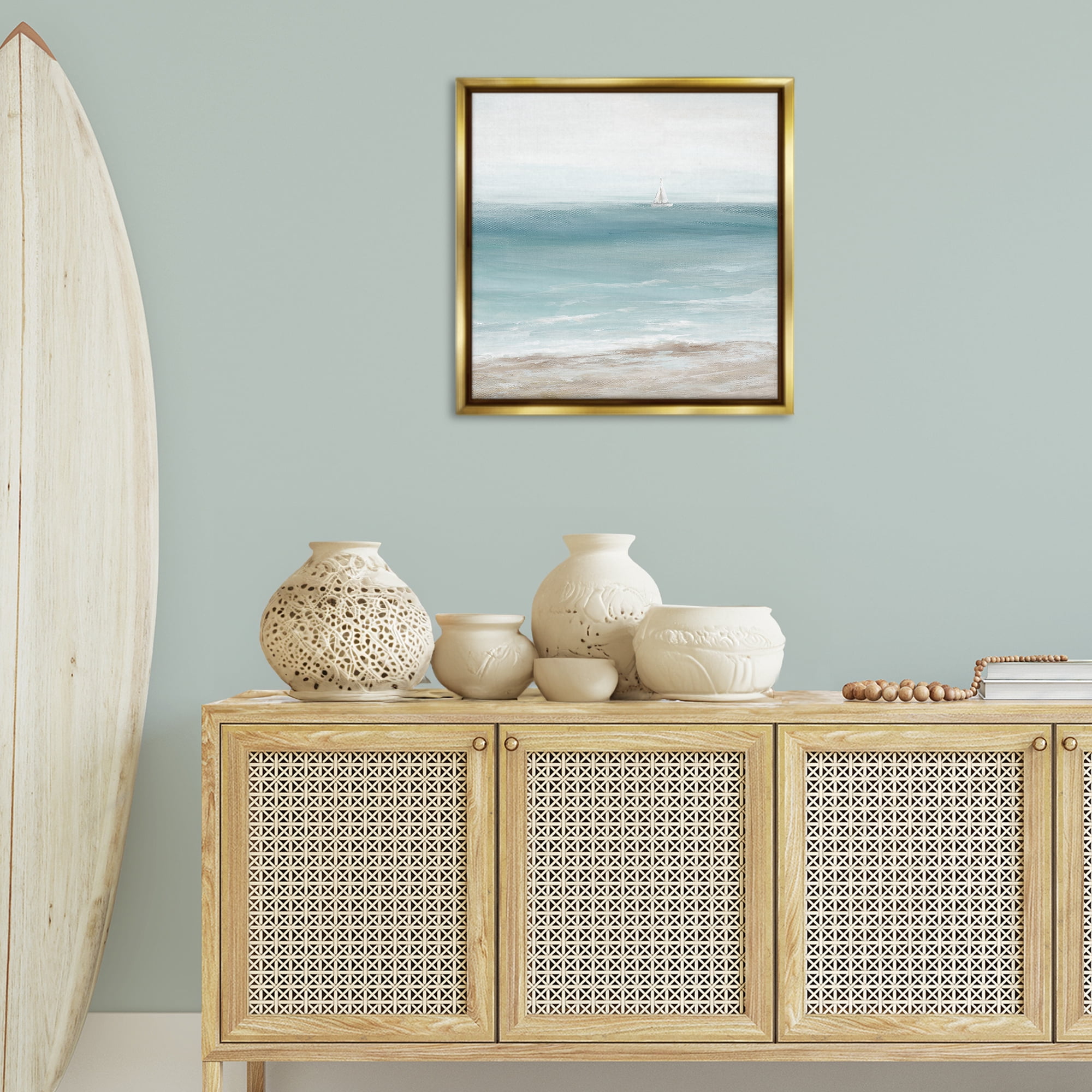 Stupell Industries Distant White Sailboat Nautical & Beach Painting Gold Floater Framed Canvas Art Print Wall Art, 25 x 25
