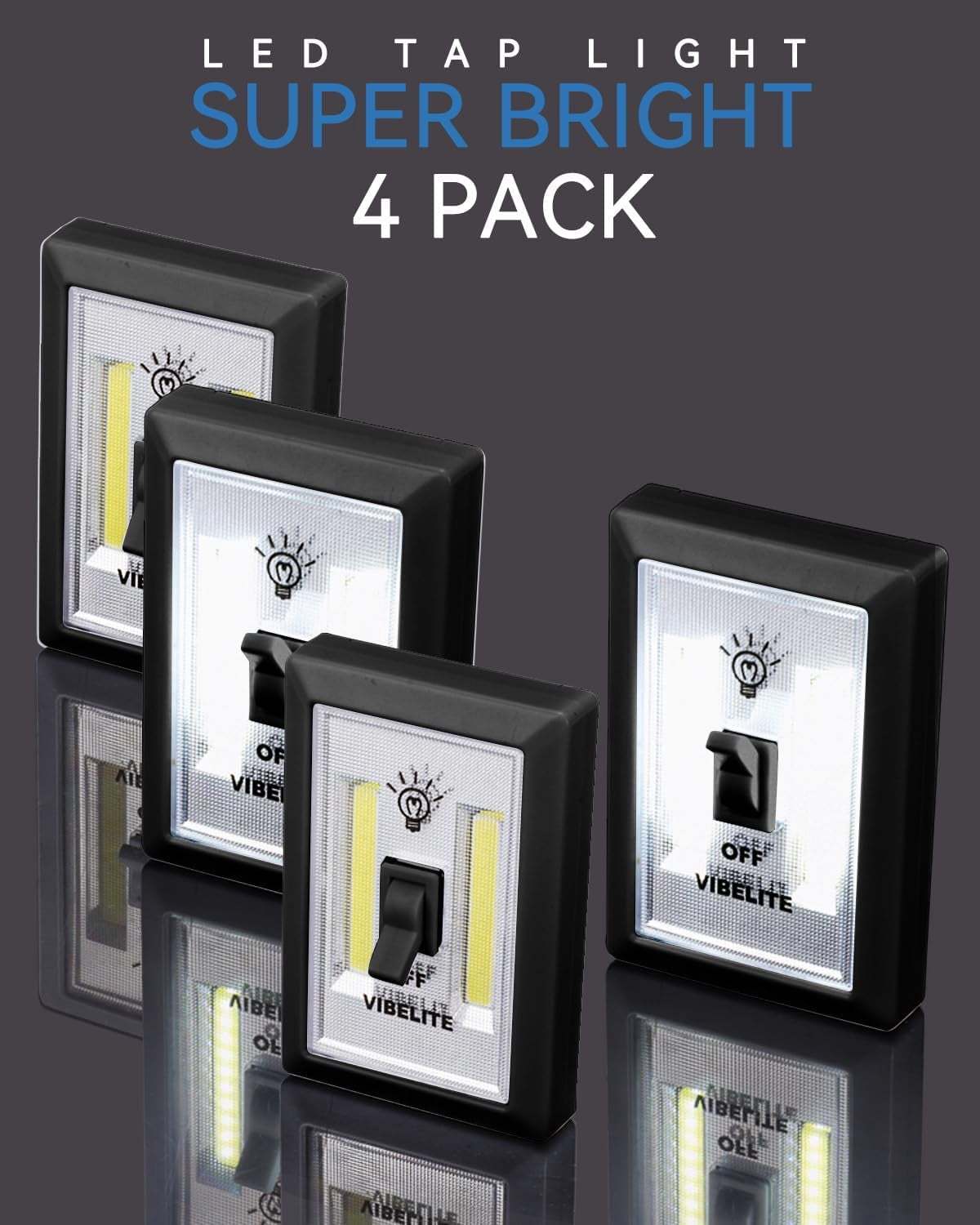 LED Night Light Switch, 200 Lumen Wireless COB LED Lamps Switch Light, Under Cabinet, Shelf, Closet, Garage, Kitchen, Stairwell and Emergency, Battery Operated, 4 Pack, Black