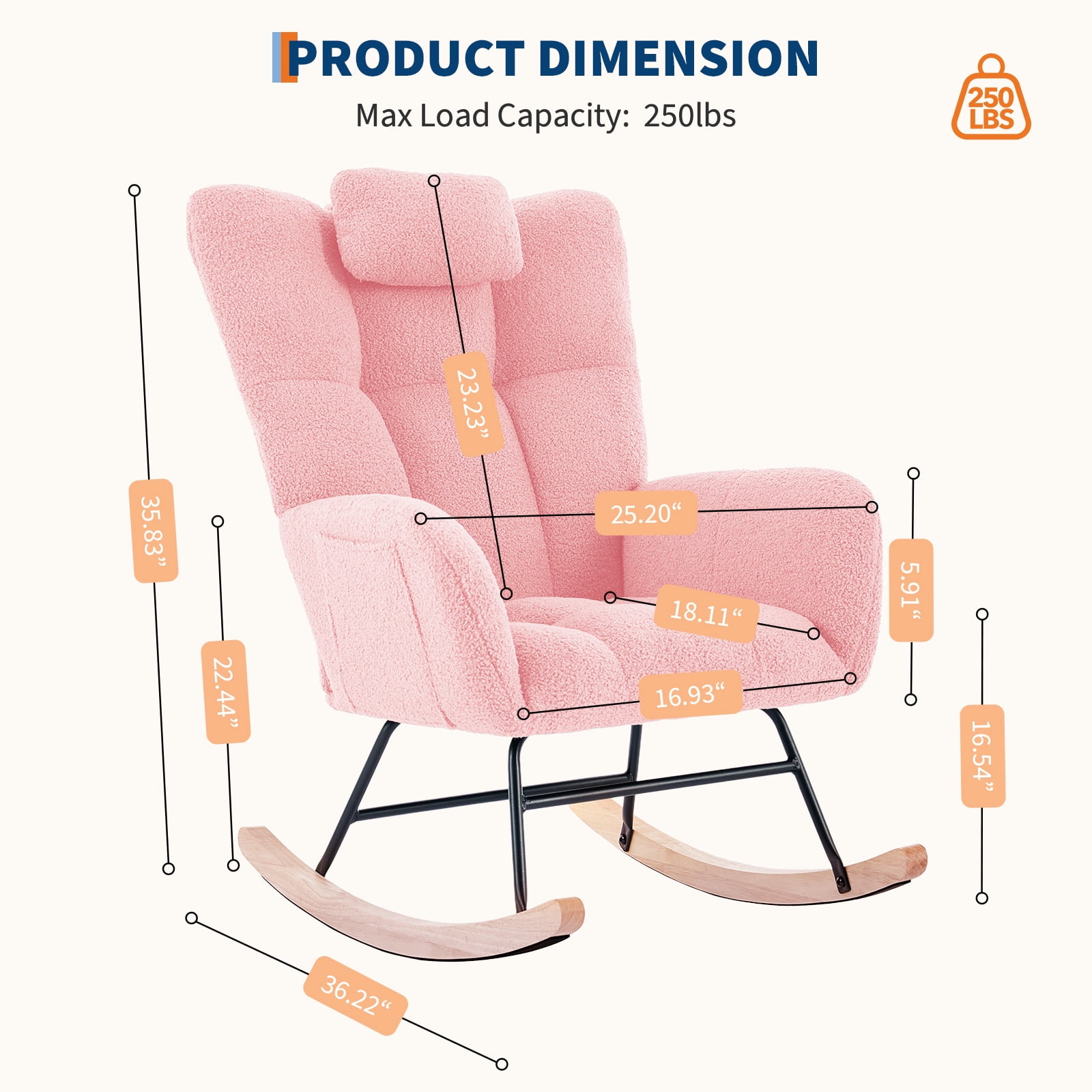 Cozy Upholstered Rocking Chair, Modern Glider Design for Nursery or Living Room, Comfortable High-Back Seat with Neck Pillow Support, Durable Metal Frame and Wooden Rockers, Pink
