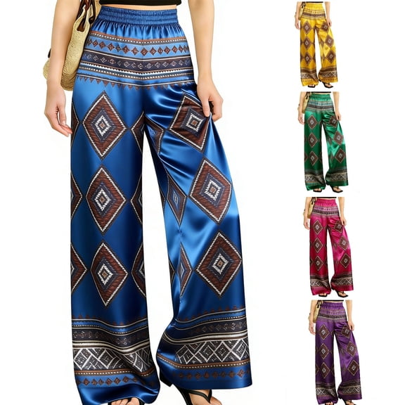 XUNKUSGA Pants for Women Fashion Boho Print Beach Women's Pants Casual High Waisted Flowy Wide Leg Pants Woman High Waisted Hippie Palazzo Pants S-3XL Blue
