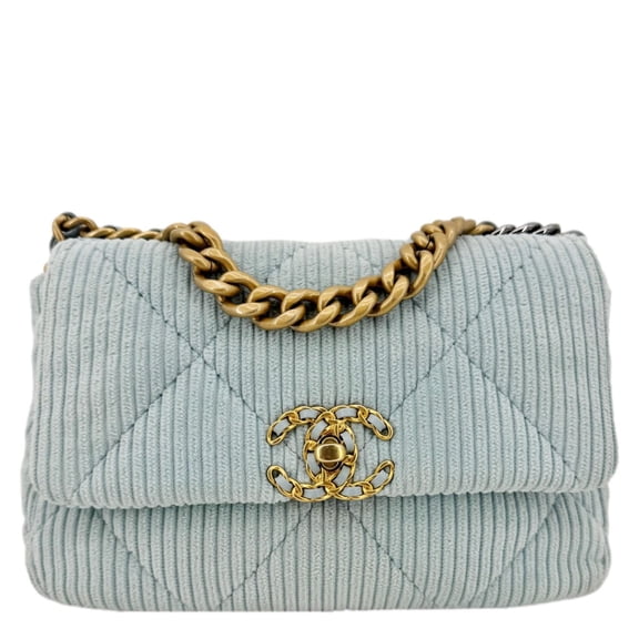 Pre-Owned Chanel 19 Flap Medium Quilted Corduroy Shoulder Bag Light Blue