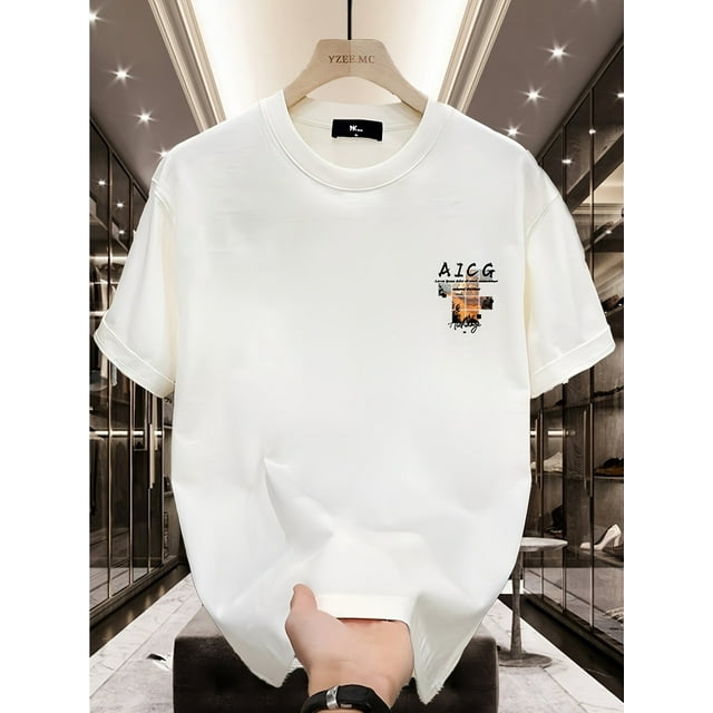 T-Shirt Graphique en Coton pour Hommes - Coupe Ample Décontractée, Manches Courtes, Col Rond, Imprimé Coucher de Soleil Coloré, Essentiel d'Été pour Tenue Décontractée, T-Shirt Quotidien / Tee-Shirt Graphique Tendance / Impression Durable