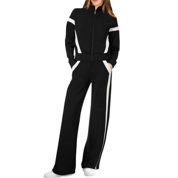 BLOCLOALO 2 Piece Lounge Set Zip Up Hoodie Women Women's Long Sleeved Zipper Stand Up Collar Sports Pants Set Long Sleeve Shirts Plus Size Workout Sets Comfy Lounge Sets for Women Black L