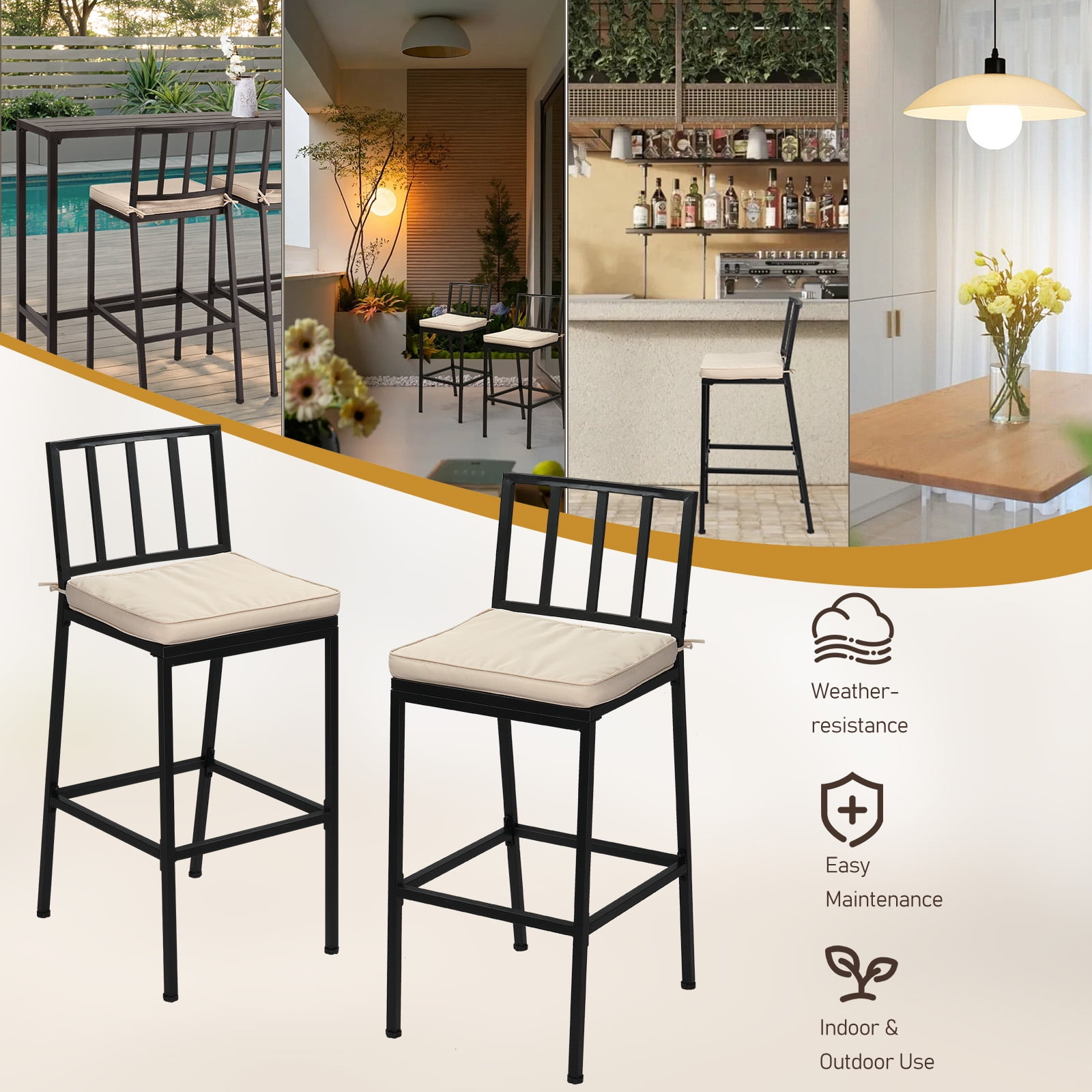Ktaxon 2Pcs Outdoor Bar Stools, Weather Resistant Outdoor Bar Seating with Detachable Cushion, Heavy-Duty Metal Frame Bar Set of 2 for Garden Porch Pool
