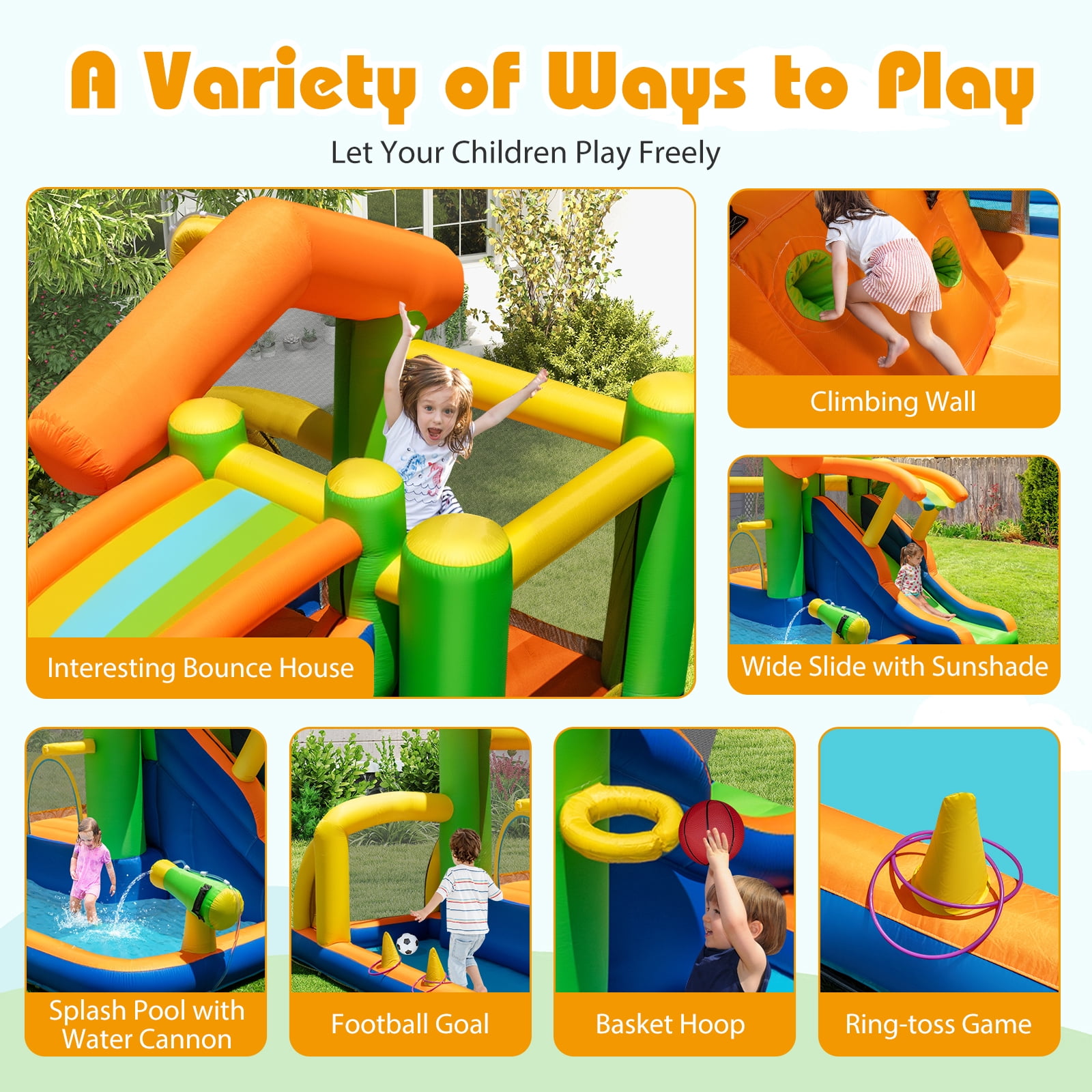 Costway 8-in-1 Multifunctional Water Park with Slide With Climbing Wall Water Cannon Blower Excluded