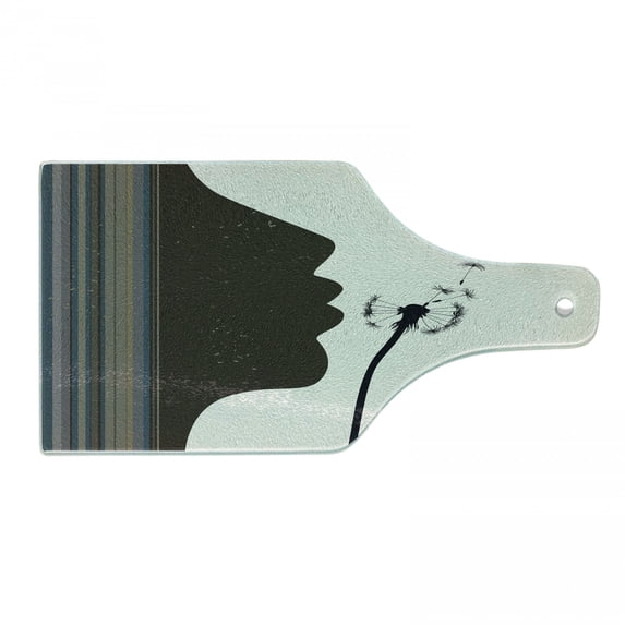 Modern Cutting Board, Silhouette of a Woman Girl Portrait and Dandelion Flower by Vertical Color Stripes, Tempered Glass Cutting and Serving Board, Wine Bottle Shape, Multicolor, by Ambesonne