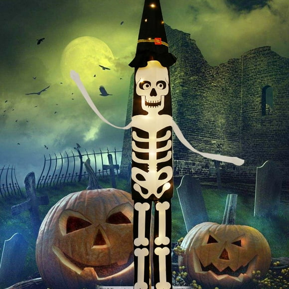 MesaSe Halloween Skeleton Windsocks Drapeau Lumineux Humain Squelette Citrouille Chauve-Souris Suspendu Décoration avec des Lumières LED Jaune Chaud pour Pelouse de Jardin avant