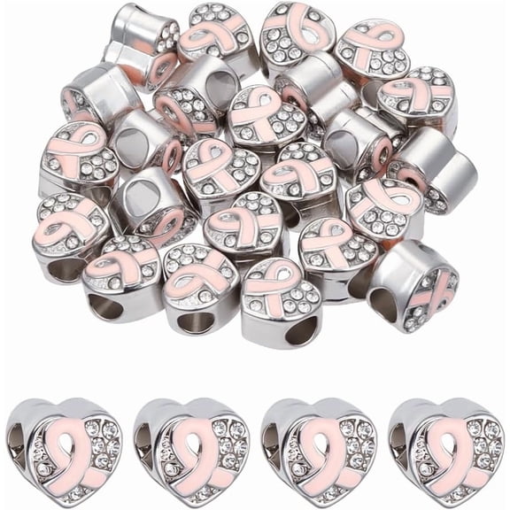 24 Pcs Breast Cancer Awareness Beads Pink Ribbon Beads with Rhinestones Large Hole European Beads for Bracelet Necklace DIY Jewelry Making Hole: 4mm Platinum