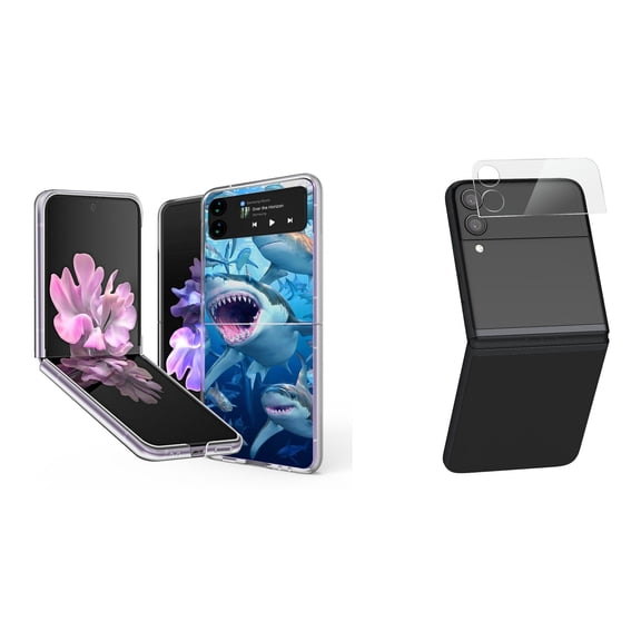 Bemz Premium Bundle for Samsung Galaxy Z Flip 3 5G: Slim Snap-On Protector Case (Sharks), Rear Camera Glass Protector