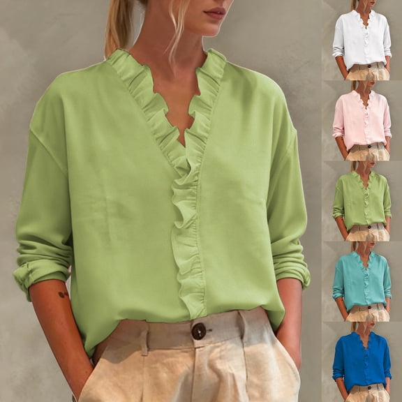 Kelon Ladies Tops and Blouses Long Sleeve V Neck Ruffled Blouses Summer Outfits 2026 Fashion Clothing Blouses Oversized Shirt Clothing, S