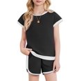 thumbnail image 3 of Arshiner Girls Summer Outfits 2 Piece Clothes Color Block Drop Shoulder Sleeve Top and Casual Short Sets Activewear, 3 of 8