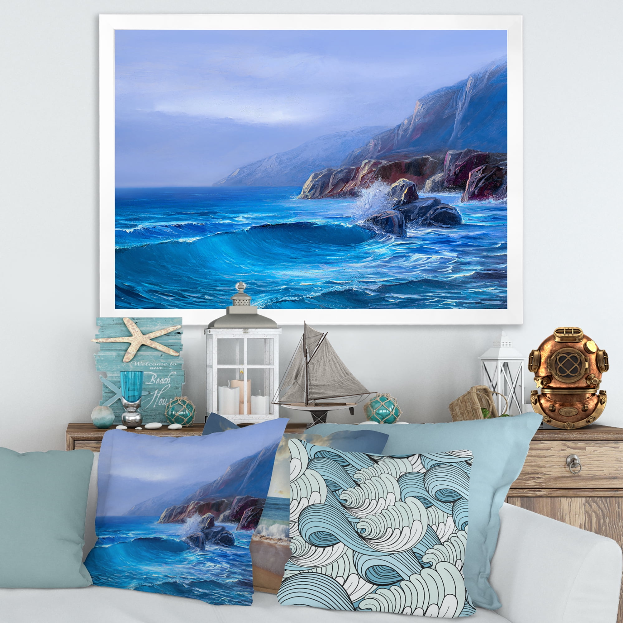 Sunrise Glow On Sea Wave Paints On A Canvas 40 in x 30 in Framed Painting Canvas Art Print, by Designart