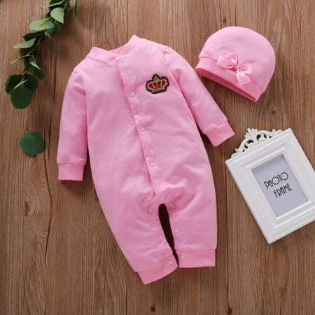 

SDJMa Newborn Infant Baby Girls Crown Solid Warm Bowknot Hat+Jumpsuit Outfits Set