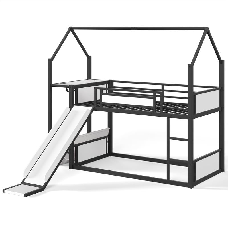 Twin Over Twin Metal Bunk Bed with Slide, LED Hanging Area, Fabric Storage Shelf, Power Outlet, House-Shaped Playhouse Frame, Safety Guardrails, Ladder, Low Profile Kids Bunk Bed