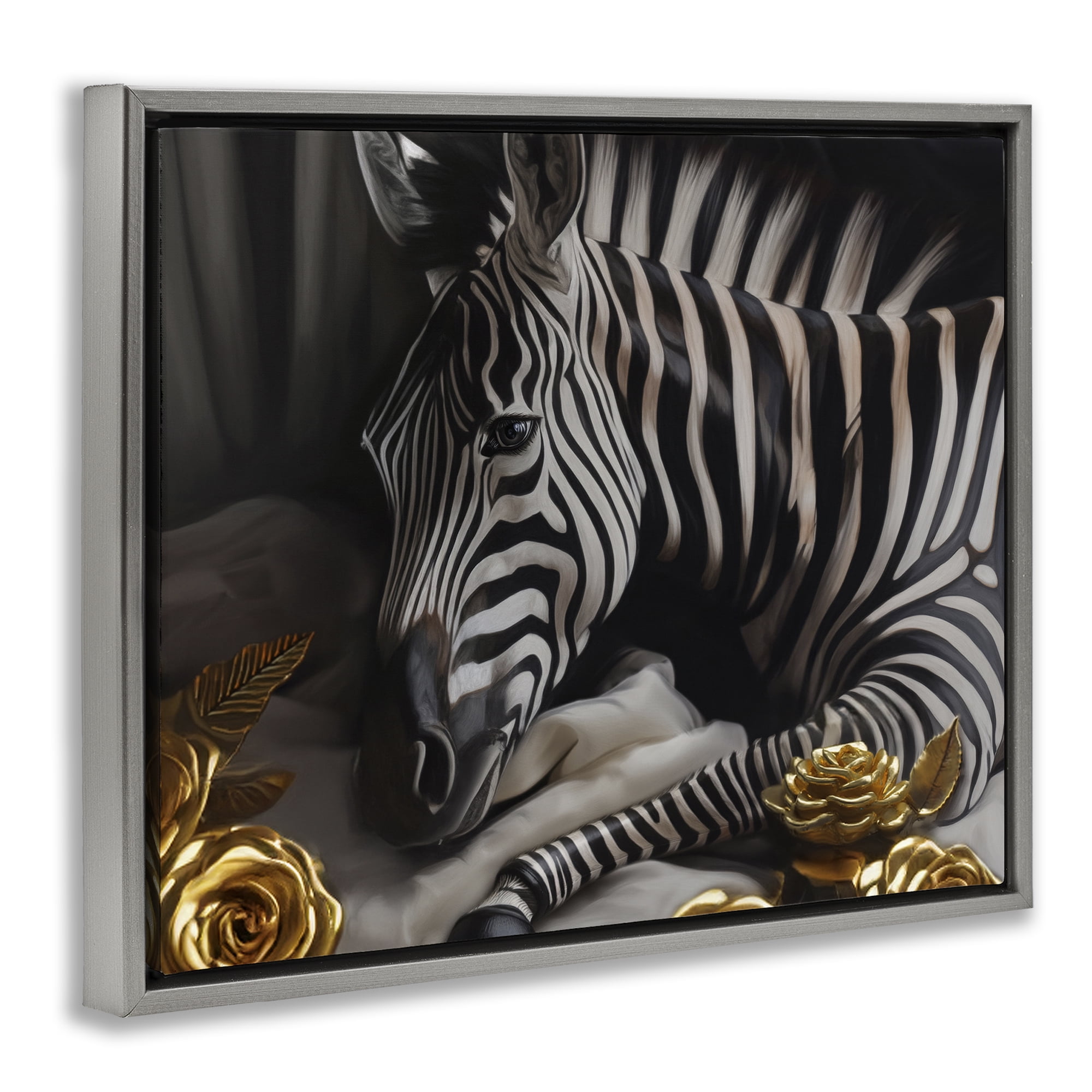 Stupell Industries Zebra with Gold Flowers Animals Painting Gray Floater Framed Canvas Art Print Wall Art, 31 x 25