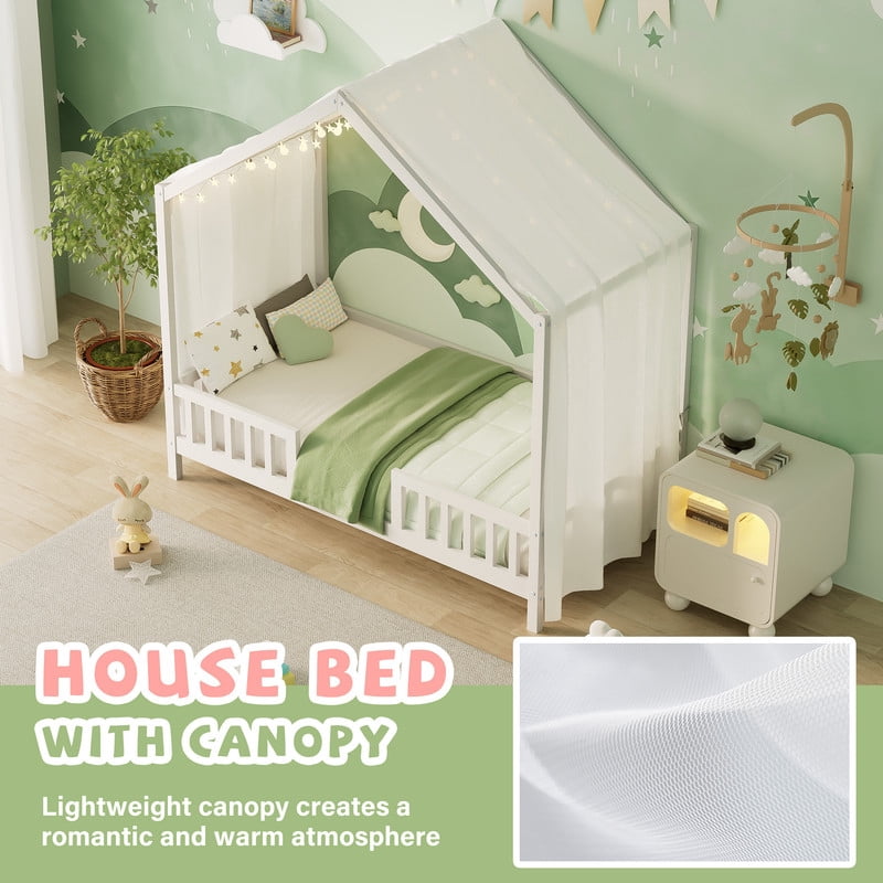 Mirightone Twin Toddler Bed Frame with Rails, Montessori Floor Bed, Wood House Twin Canopy Bed Frame, Twin Bed Frame for Girls Boys, White