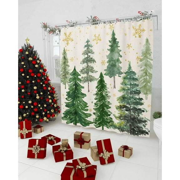 Polyester Fabric Green Christmas Tree Shower Curtain, Yellow Snowflake Xmas Rustic Waterproof Bathtub Curtain Bathroom Decor Set with Hooks 72 x 84 Inches