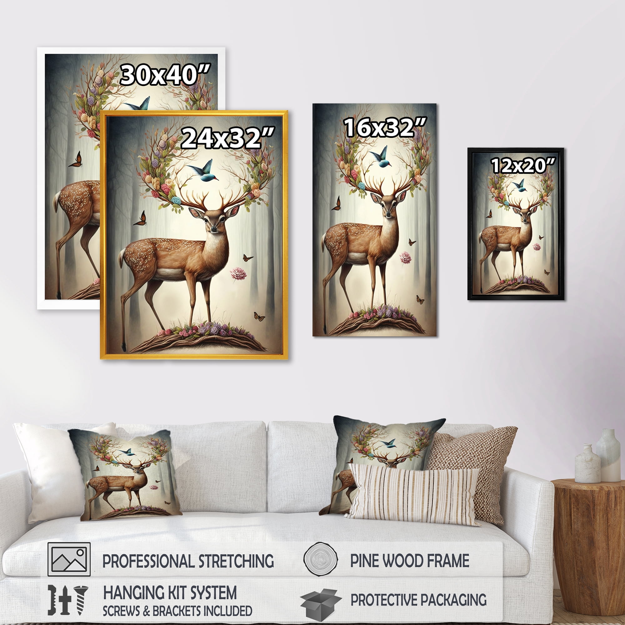 Designart Deer With Blooming Antlers III Canvas Wall Art